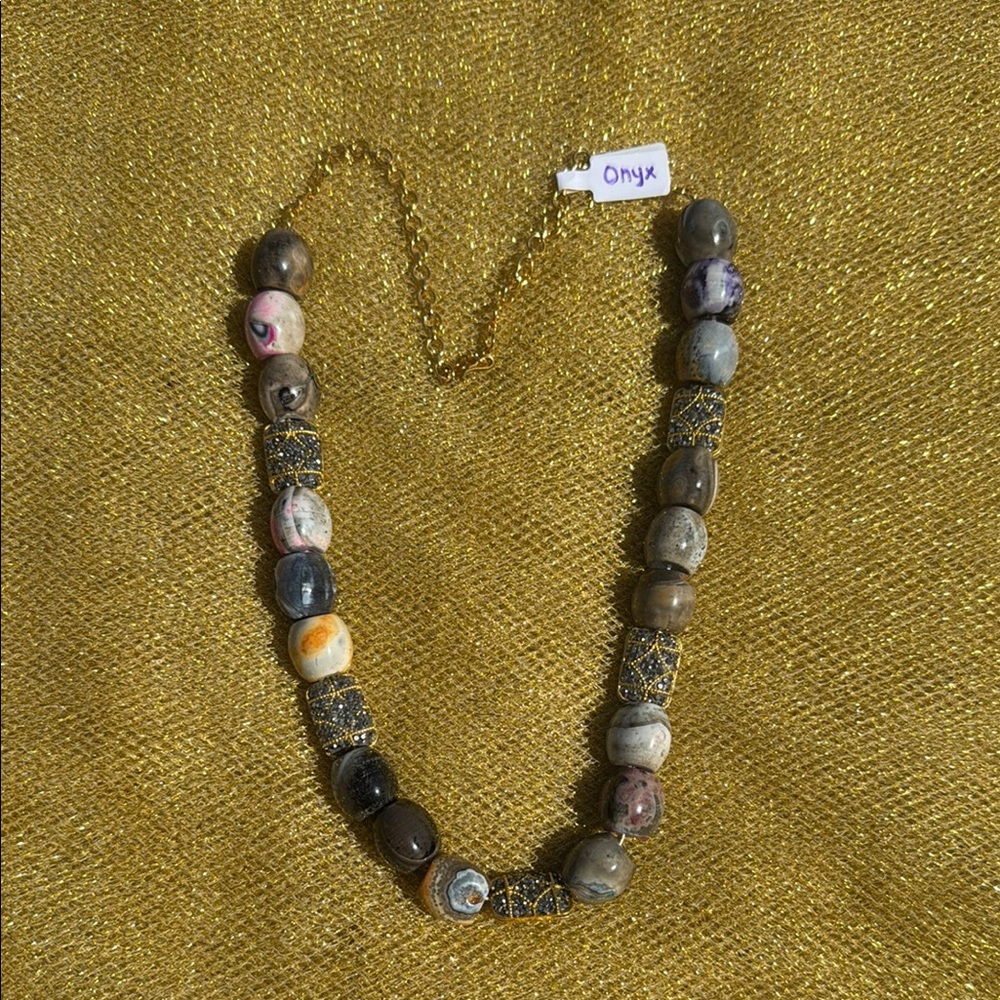 Onyx Beaded Necklace with Gold Accents